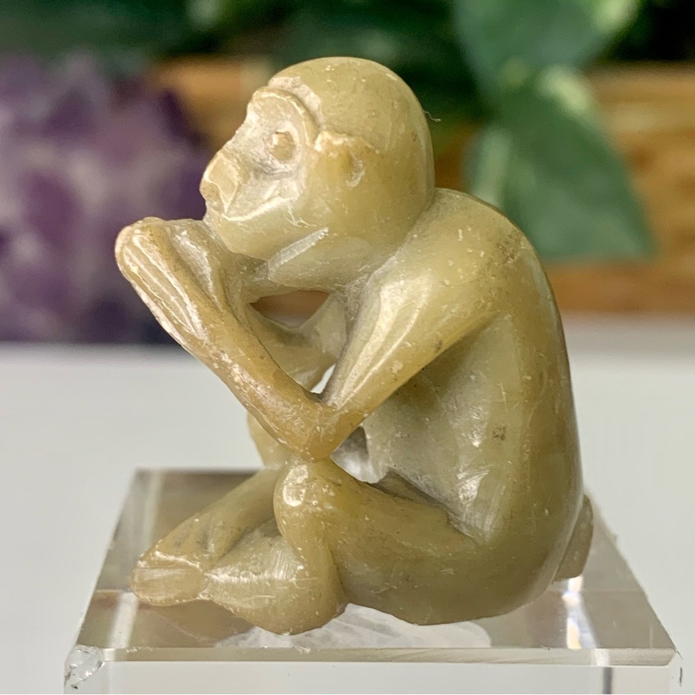 Vintage Soapstone Monkey Figurine Hand Carved Miniature Animal Stone Carving 1.5